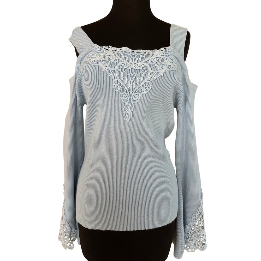 Boston Proper Blue Cotton Blend Stretch Crochet Embellished Cold Shoulder Top